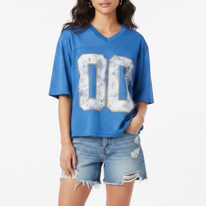 RSQ Football Crop Jersey Womens Small Blue Mesh V-Neck Short Sleeve Pullover