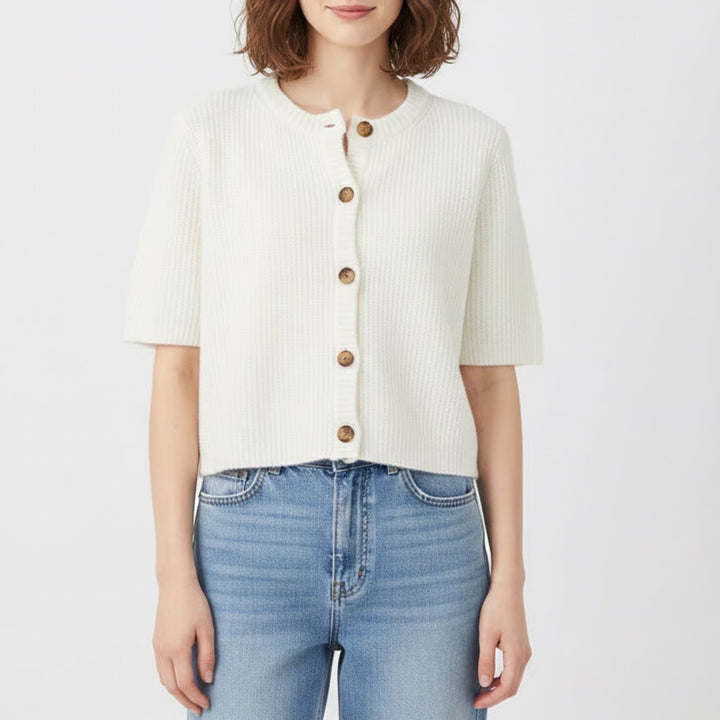 Miss Love Cardigan Crop Sweater Womens S White Waffle Knit Stretch Short Sleeve