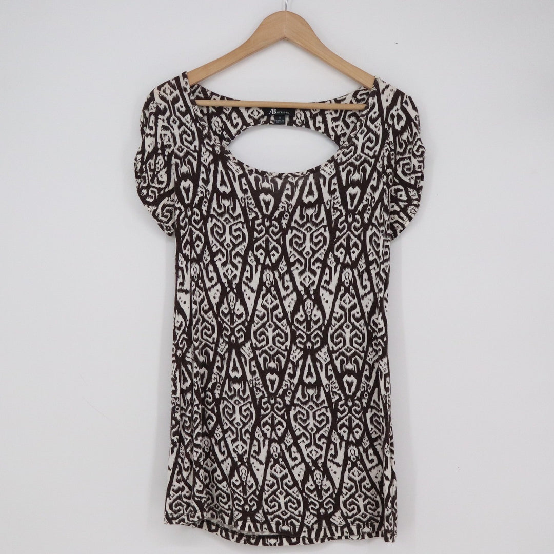 AB Studio Womens Brown White Ikat Geometric Knit Top Short Sleeve Cutout Back S
