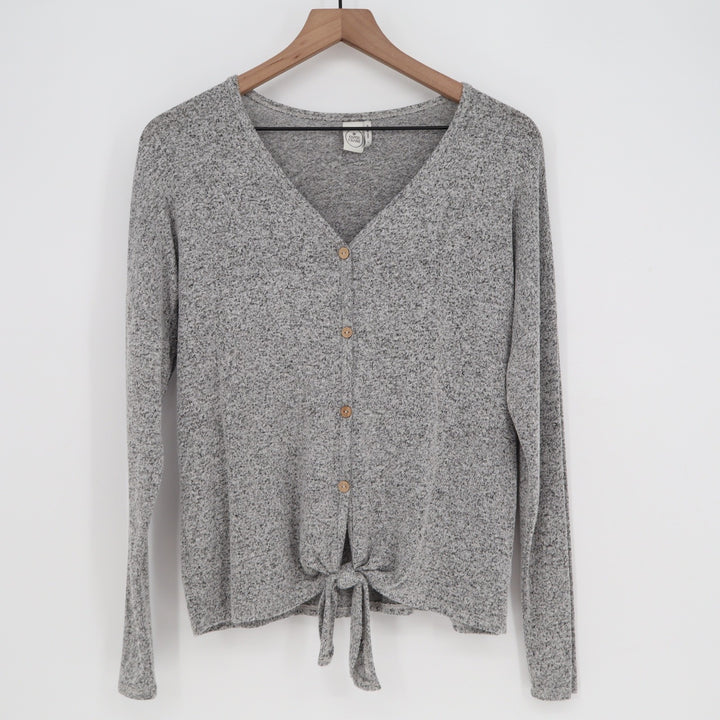 Paper Crane Womens Gray Marled Tie Front V-Neck Button Cardigan Sweater Size S