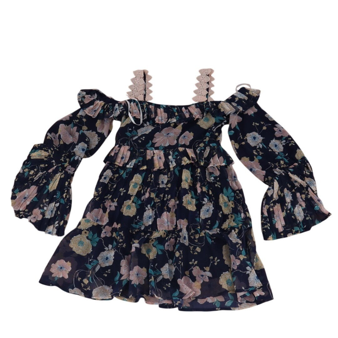 Foxiedox Brylee Mini Dress Womens Small Floral Pleated Ruffle Hem Cold Shoulder