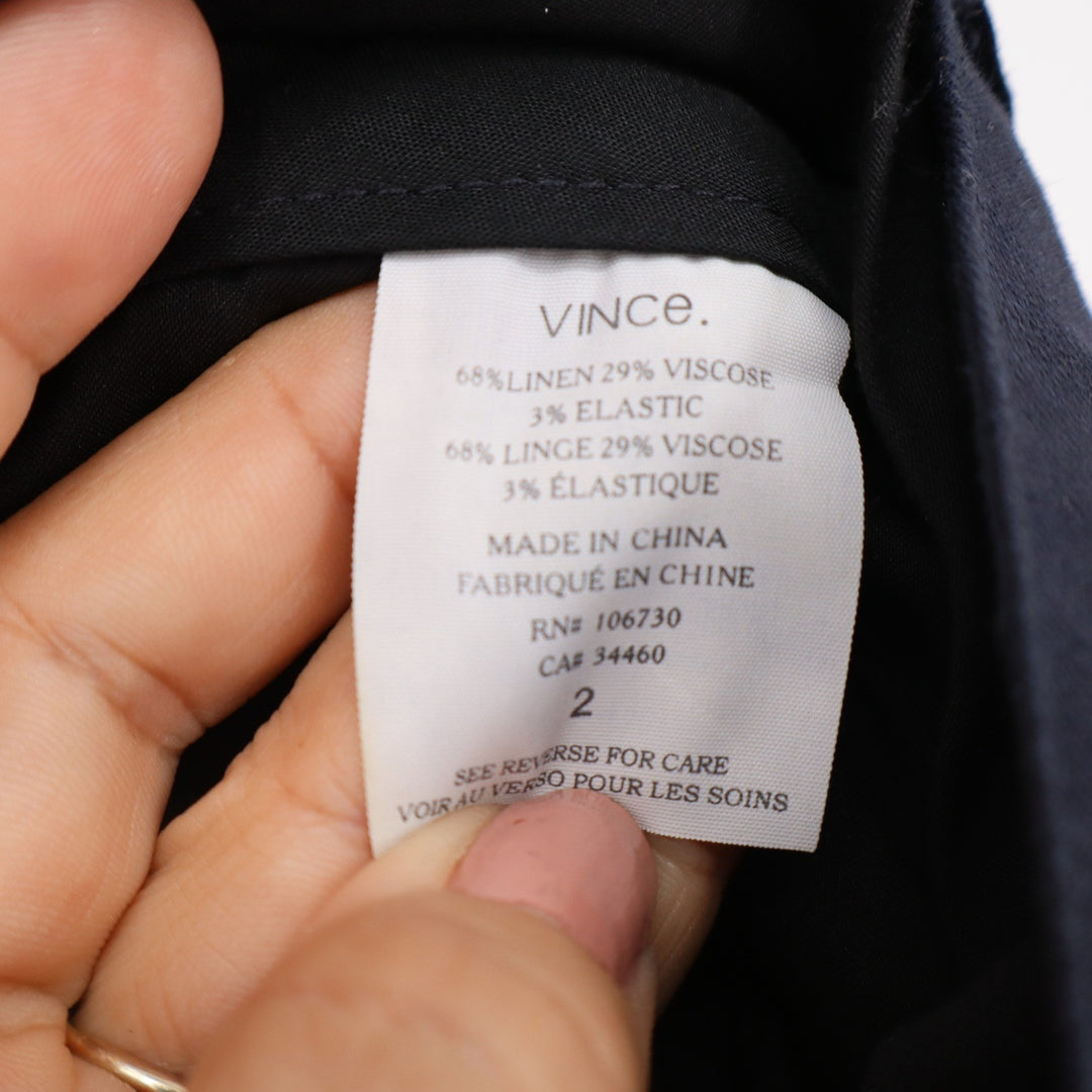 Vince Navy Blue Linen Blend Wrap Front Tapered Trousers Pants Size 2