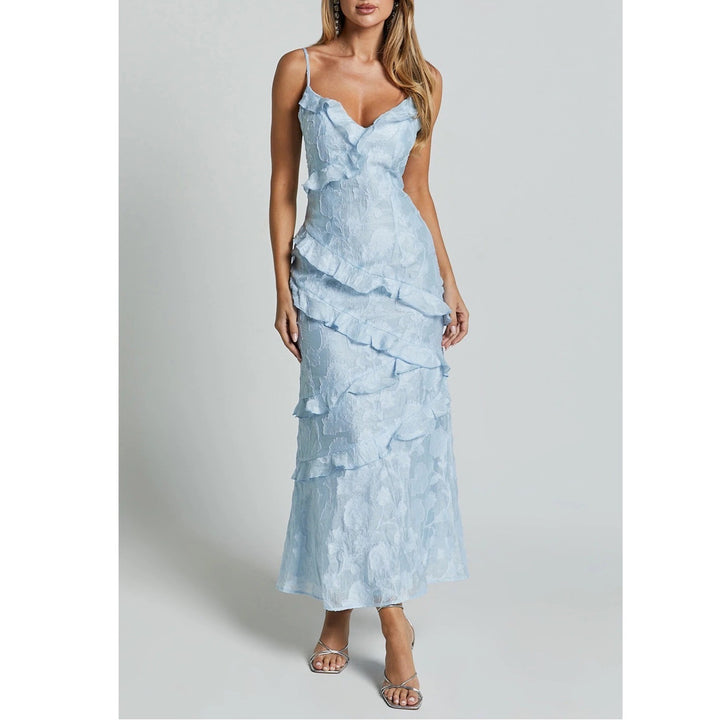 Showpo Michaela Light Blue Floral Jacquard Ruffle Tiered Midi Dress US 8