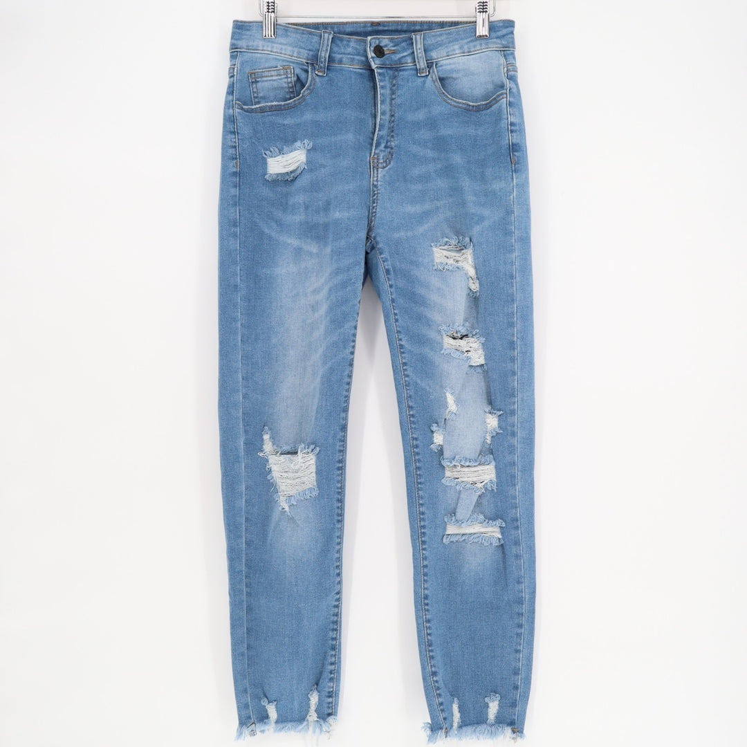 Jeans Women Medium Blue Denim Cotton Stretch Distressed Raw Hem Straight Leg