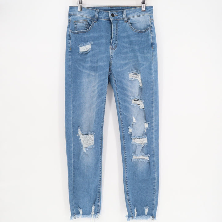 Jeans Women Medium Blue Denim Cotton Stretch Distressed Raw Hem Straight Leg