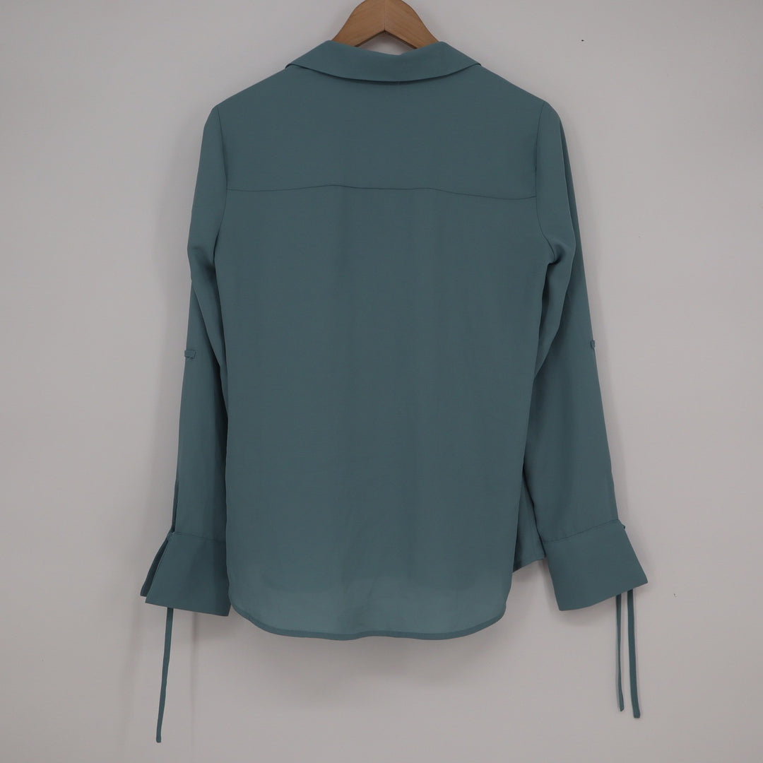 Candie's Womens Dusty Teal Button Down Blouse Tie Bell Cuff Long Sleeve Medium
