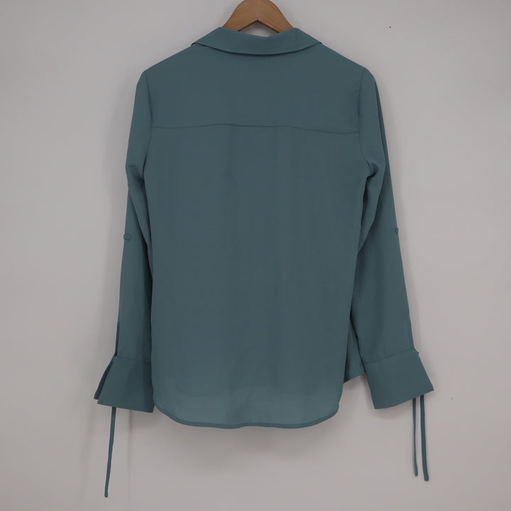 Candie's Womens Dusty Teal Button Down Blouse Tie Bell Cuff Long Sleeve Medium