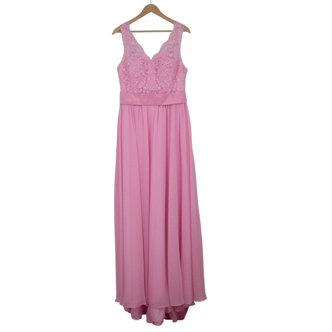 Azazie Gertrude Candy Pink Lace Chiffon V-Neck Maxi Bridesmaid Dress