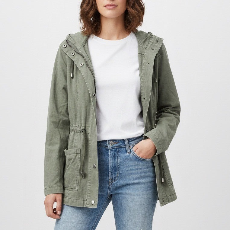 Forever 21 Utility Jacket Olive Green Hooded Drawstring Pockets Size S