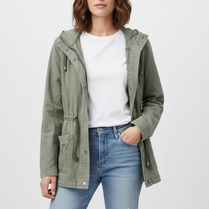 Forever 21 Utility Jacket Olive Green Hooded Drawstring Pockets Size S