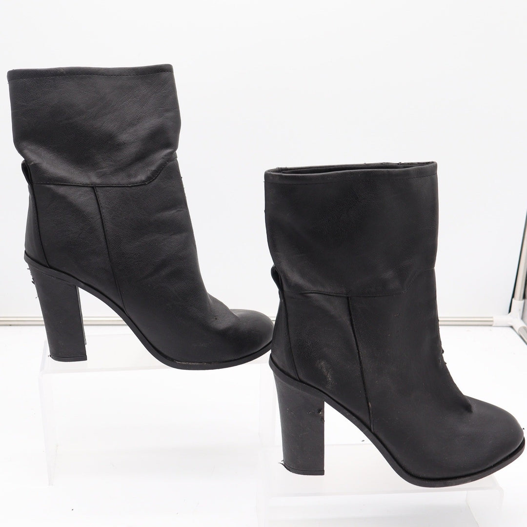 Black Faux Leather Mid-Calf Block Heel Boots Round Toe Size 9 Slouchy Pull On