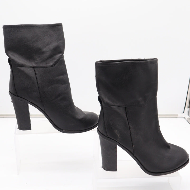 Black Faux Leather Mid-Calf Block Heel Boots Round Toe Size 9 Slouchy Pull On