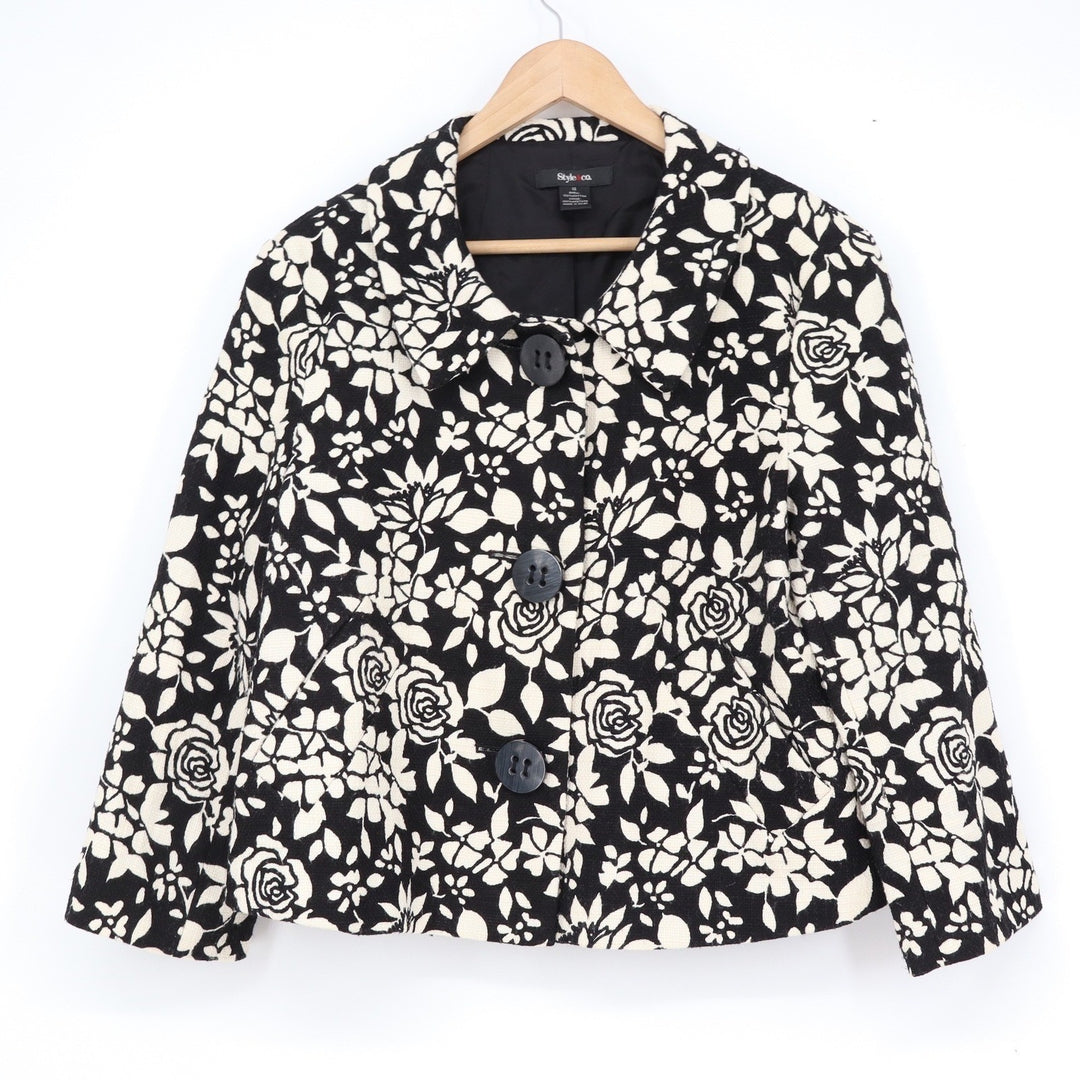 Style & Co Womens Black White Floral Cotton Button Front Jacket Size 14 Blazer