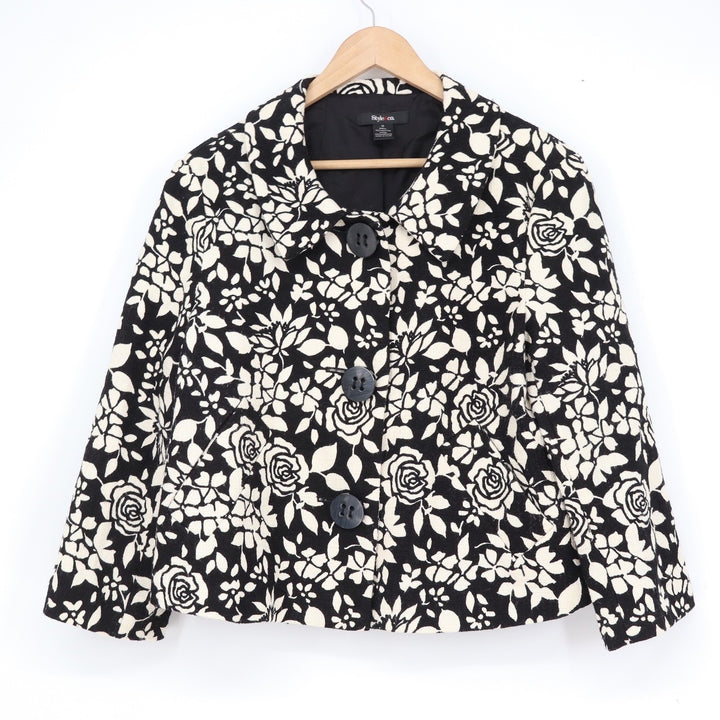 Style & Co Womens Black White Floral Cotton Button Front Jacket Size 14 Blazer