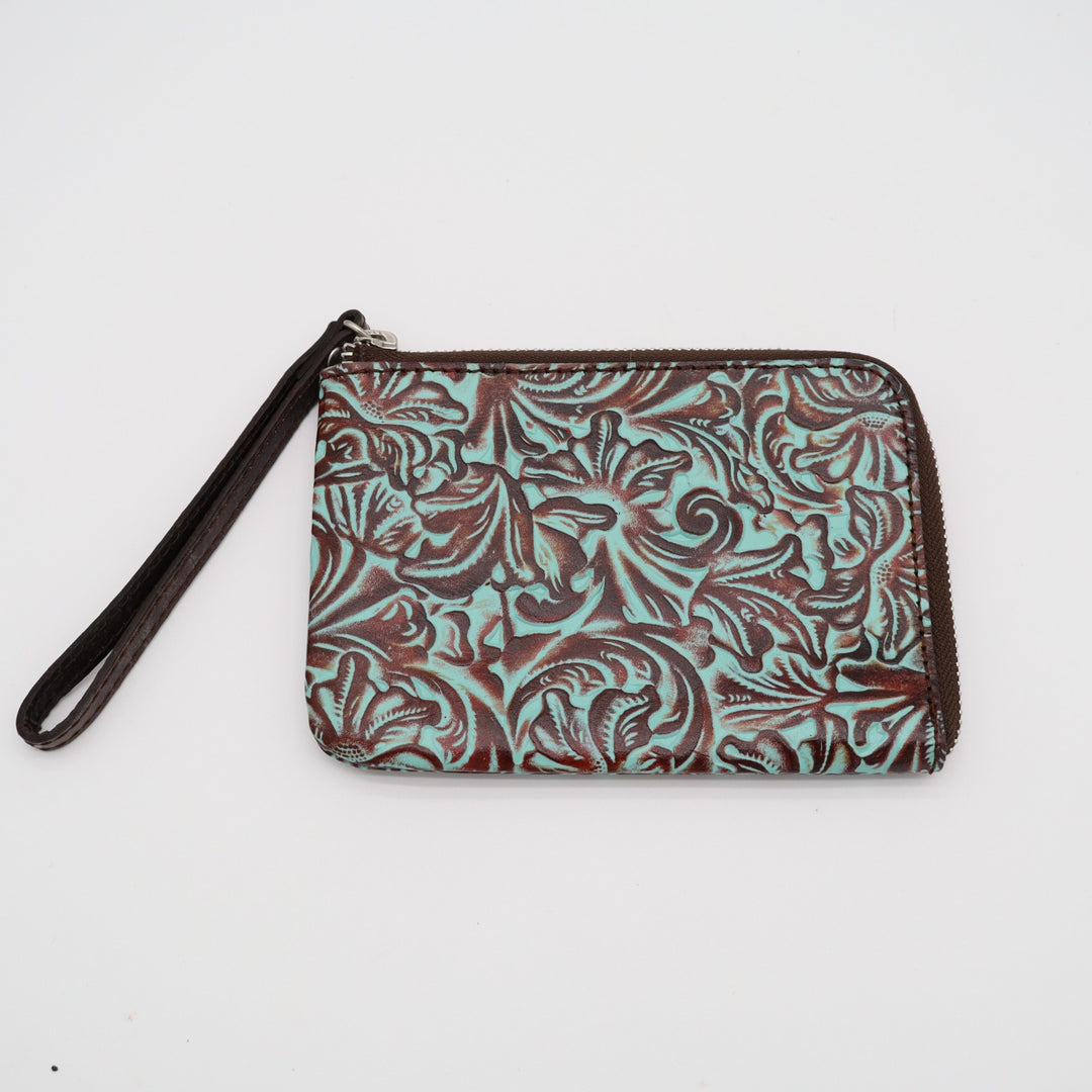 Patricia Nash Cassini Women Wristlet Wallet Turquoise Tooled Leather Credit Card