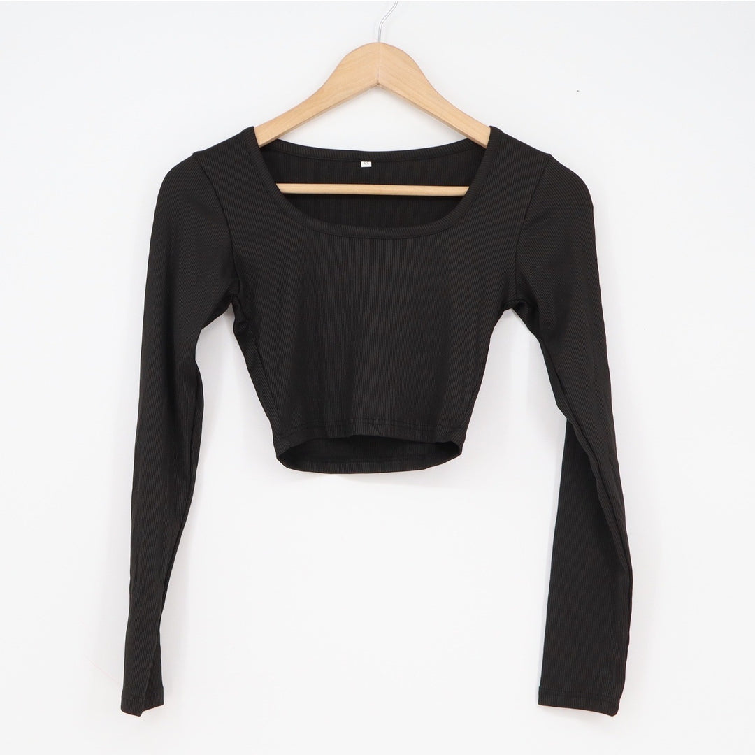 Black Ribbed Long Sleeve Crop Top Square Neck Slim Fit XS