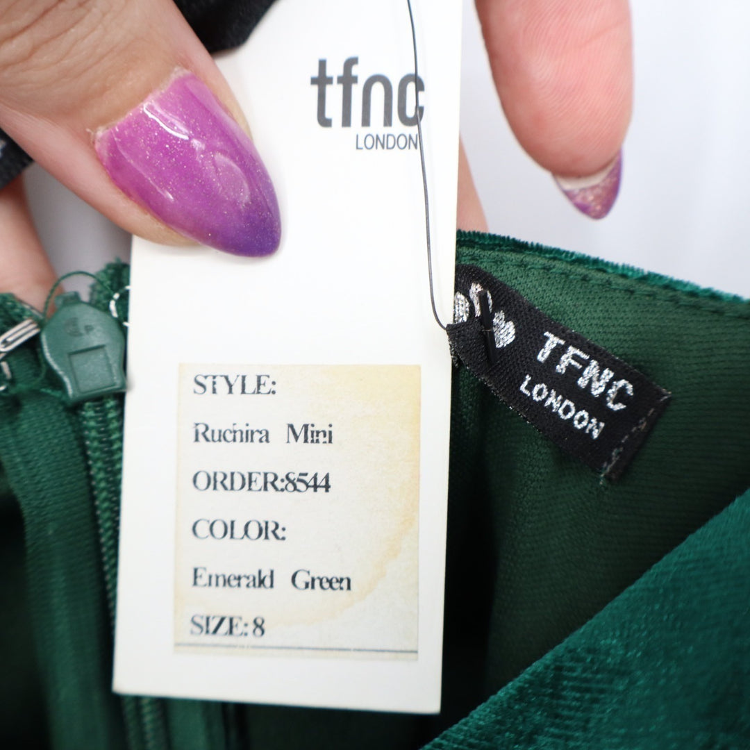 TFNC London Mini Dress Womens 8 Emerald Green Velvet Stretch Cowl Neck Back Zip