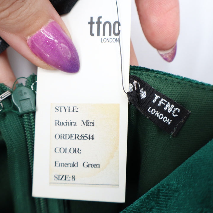 TFNC London Mini Dress Womens 8 Emerald Green Velvet Stretch Cowl Neck Back Zip
