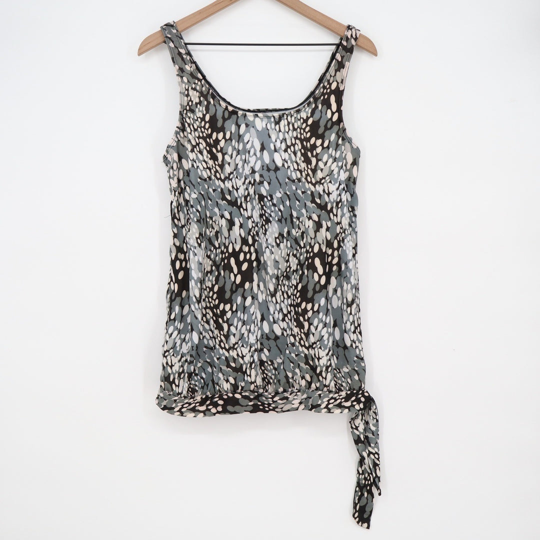 Abstract Pebble Print Scoop Neck Sleeveless Tank Top with Side Tie Black Grey