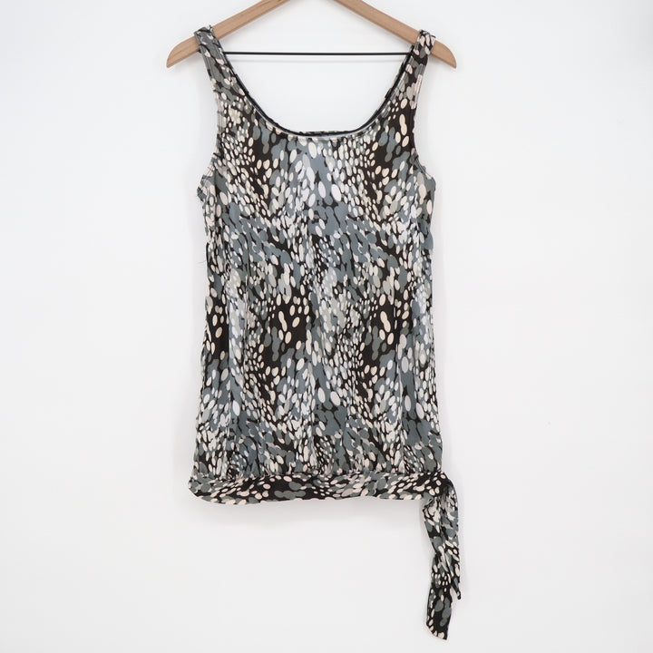 Abstract Pebble Print Scoop Neck Sleeveless Tank Top with Side Tie Black Grey
