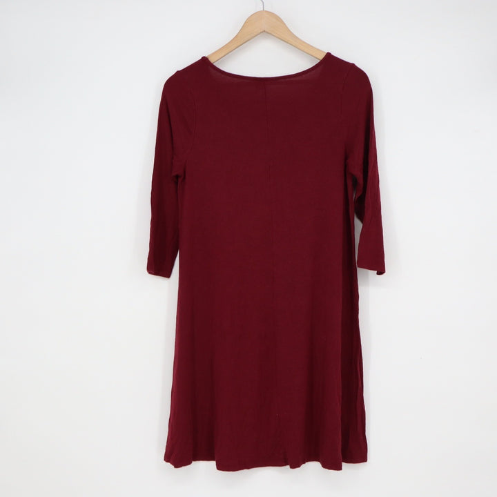 Burgundy V-Neck Strappy Cage Swing Dress 3/4 Sleeve Small Made in USA