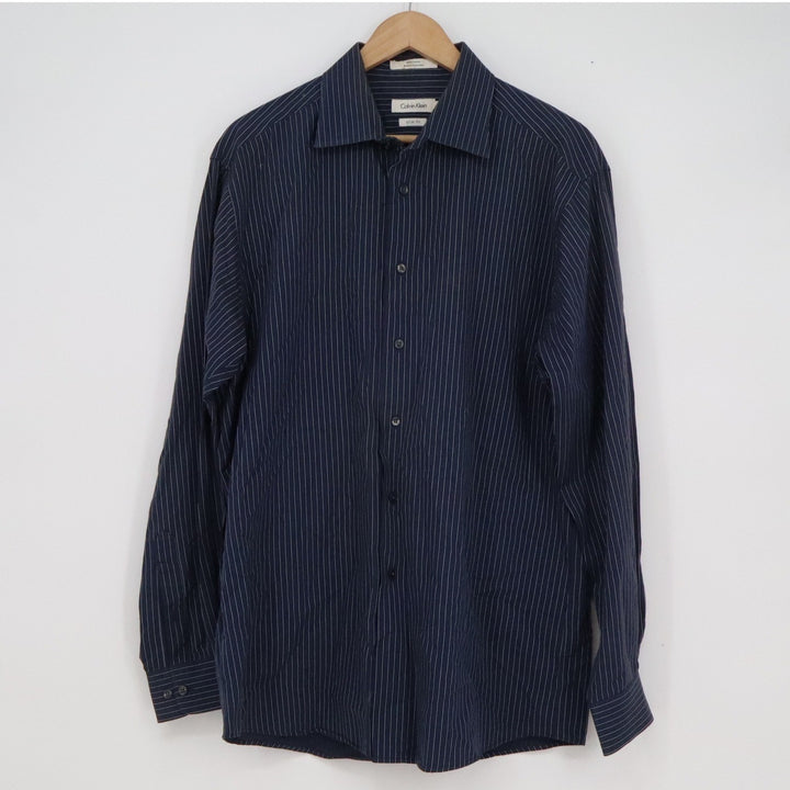 Calvin Klein Mens Slim Fit Dress Shirt Navy Blue Pinstripe 16.5 34/35 Cotton