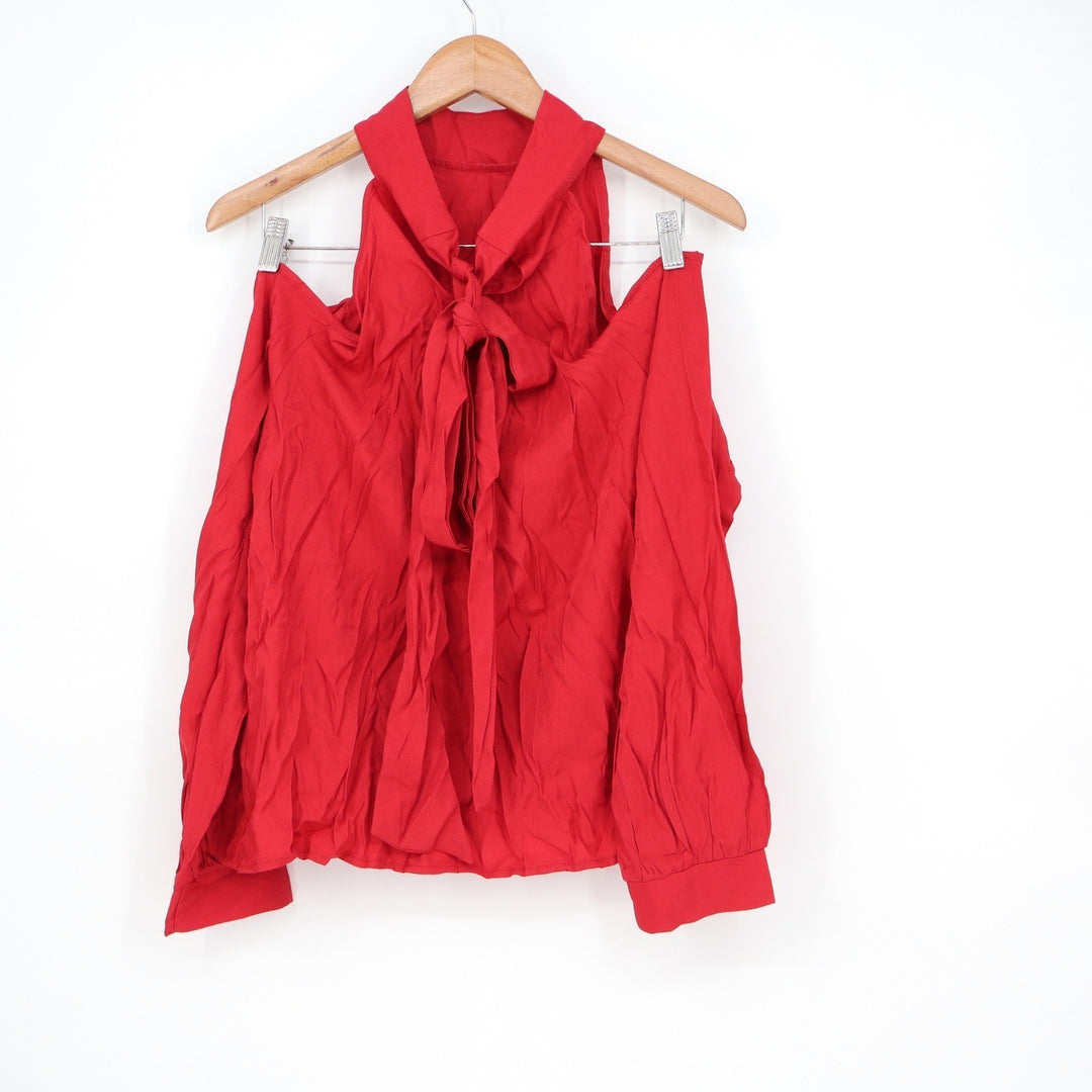 SHEIN Red Cold Shoulder Tie Neck Halter Blouse Long Sleeve Top Large