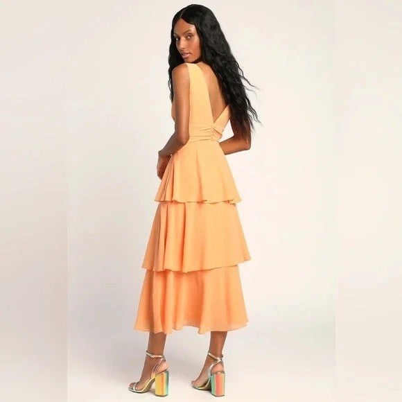 Lulus Celebration Time Light Orange Sleeveless Tiered Midi Dress Size M