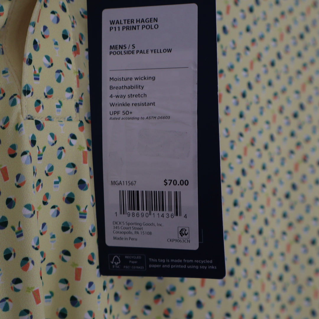 Walter Hagen Mens P11 Print Polo Shirt Yellow Beach Ball Cocktail Size S