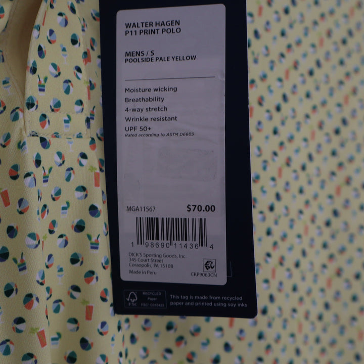 Walter Hagen Mens P11 Print Polo Shirt Yellow Beach Ball Cocktail Size S