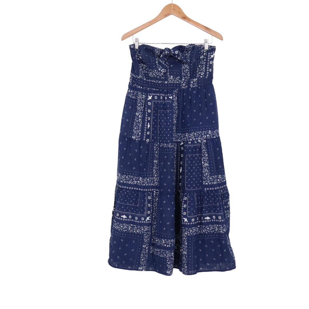 Universal Thread Navy Blue Bandana Patchwork Strapless Tiered Midi Dress M