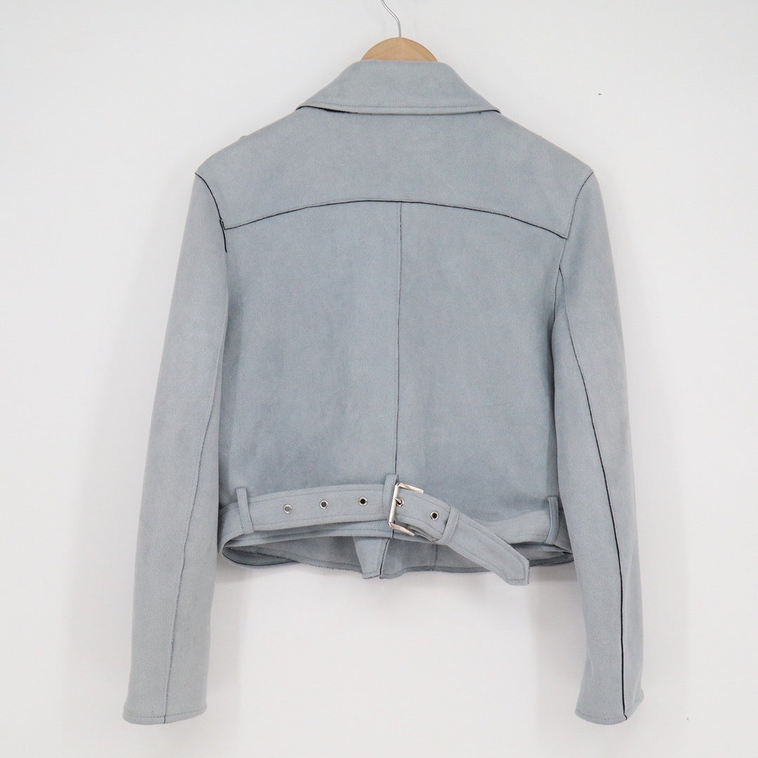 Zara Basic Light Blue Faux Suede Moto Biker Jacket Cropped Size L