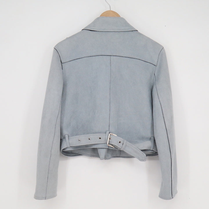 Zara Basic Light Blue Faux Suede Moto Biker Jacket Cropped Size L