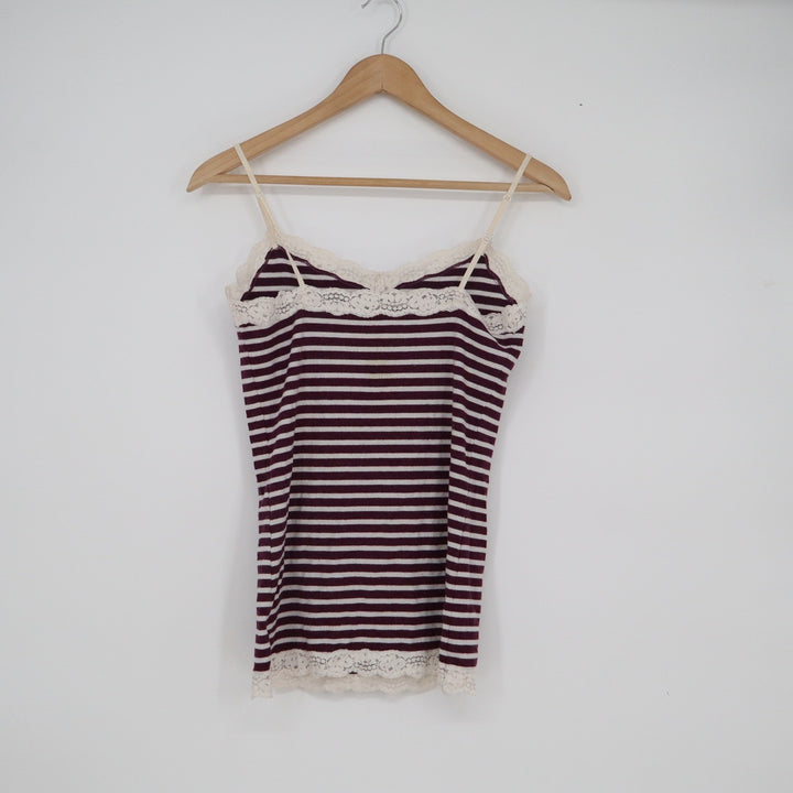 Burgundy Striped Lace Trim Cami Top Metallic Shimmer Adjustable Straps Medium