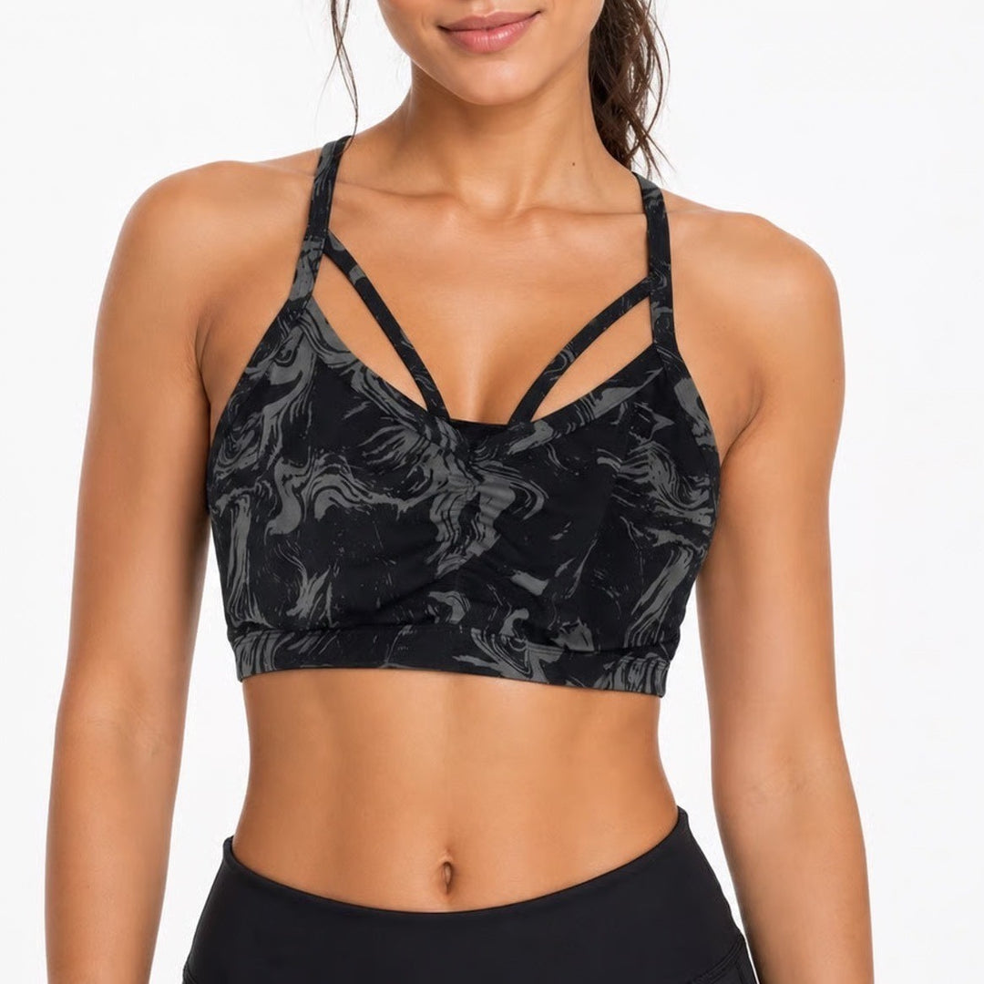 Gymshark XL Black Grey Marble Print Racerback Mesh Strappy Sports Bra