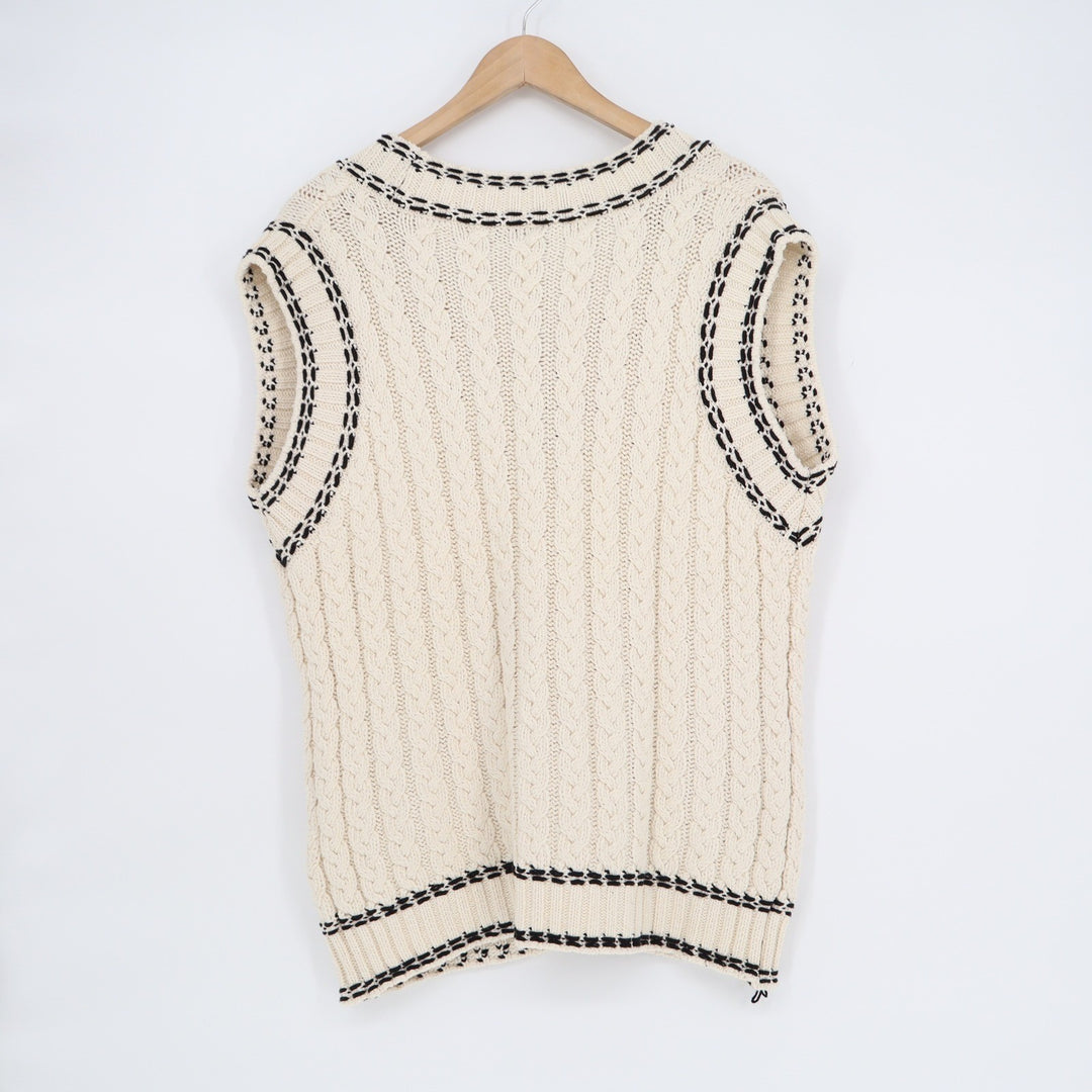 Zara Womens Small Cream Cable Knit V-Neck Sweater Vest Black Contrast Trim