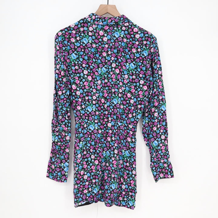 Zara Mini Dress Womens Small Multicolor Floral V-Neck Long Sleeve Spread Collar