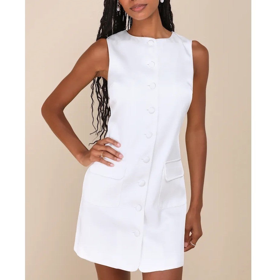 Lulus Sophisticated Icon Mini Dress Womens L Black Sleeveless Pockets Button-Up