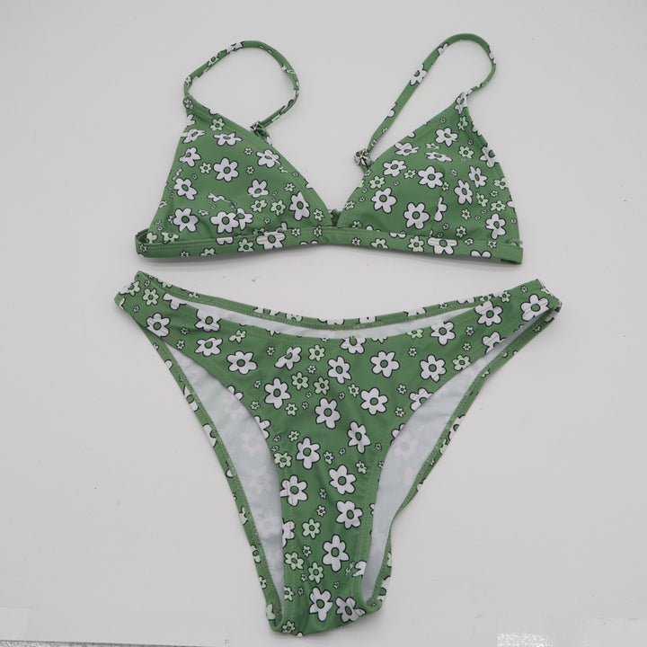 2 Piece Triangle Bikini Set Womens S Green White Floral Stretch Spaghetti Straps