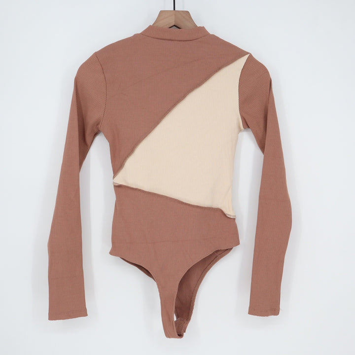 Naked Wardrobe Ribbed Colorblock Mock Neck Bodysuit Mauve Cream L