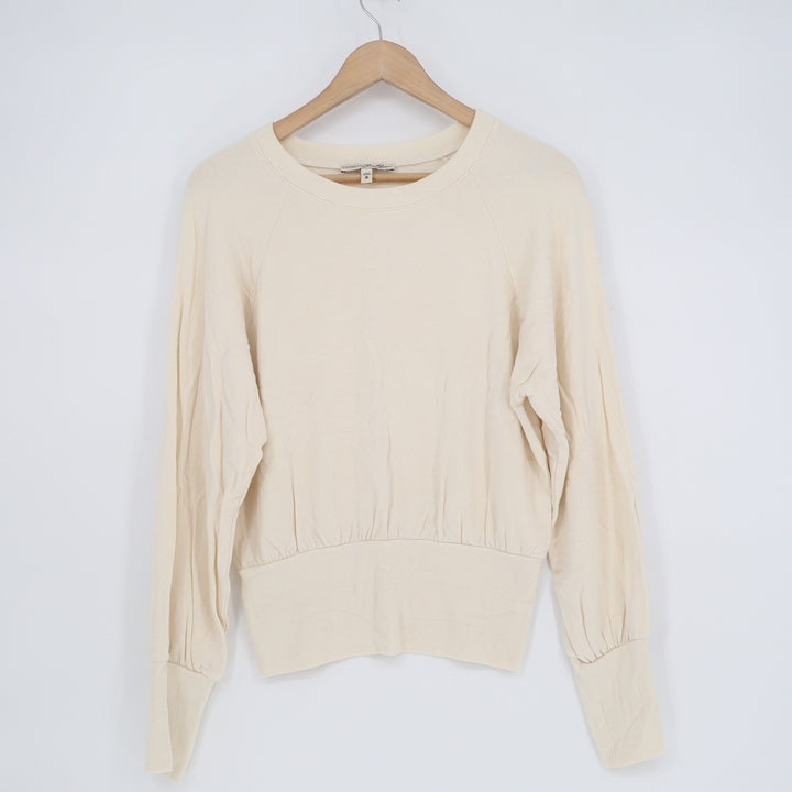 Express One Eleven Womens Ivory Cream Ribbed Waistband Raglan Sweatshirt Size M