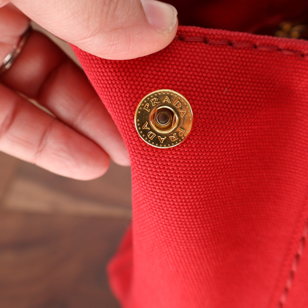 Prada Canapa Tote Bag Red Canvas Logo Handbag Rosso Gold Hardware