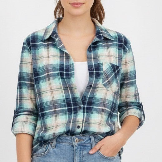 Joe Boxer Flannel Shirt Womens Large Multi Plaid Stretch Spread Collar Button Up