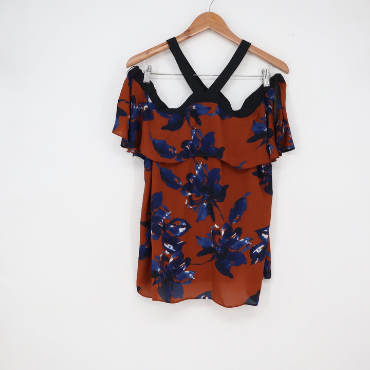 INC Blouse Womens L Cold Shoulder Rust Orange Blue Floral Ruffle Strappy