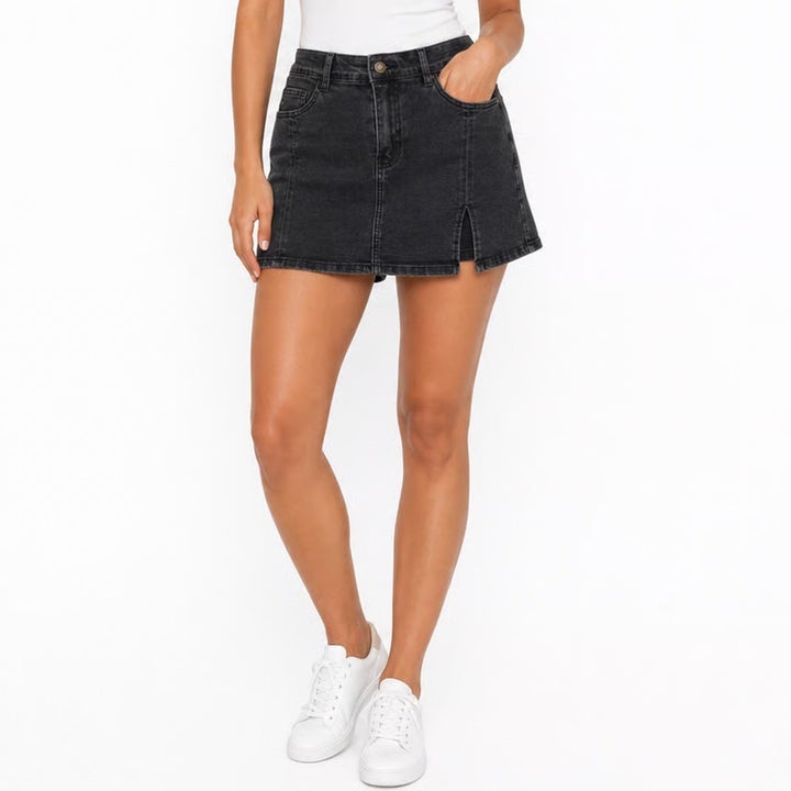 Black Denim Skort Front Slit High Waisted Mini Skirt Shorts Size L/M