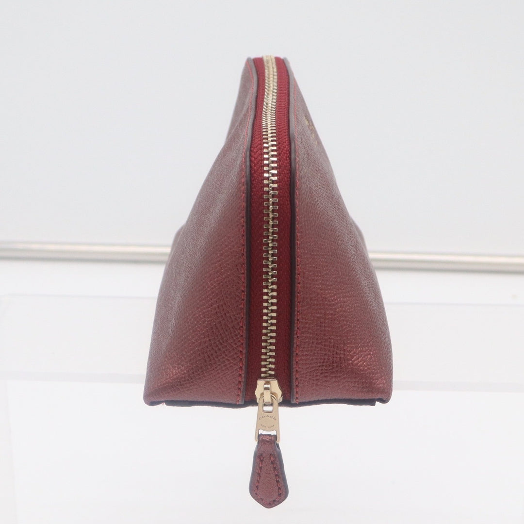 Coach Metallic Burgundy Crossgrain Leather Cosmetic Case Makeup Bag Gold Logo