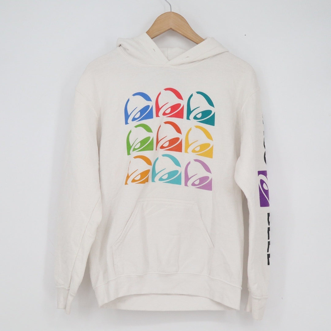 Taco Bell Hoodie White Multi Color Pop Art Logo Sleeve Graphic Mens Small