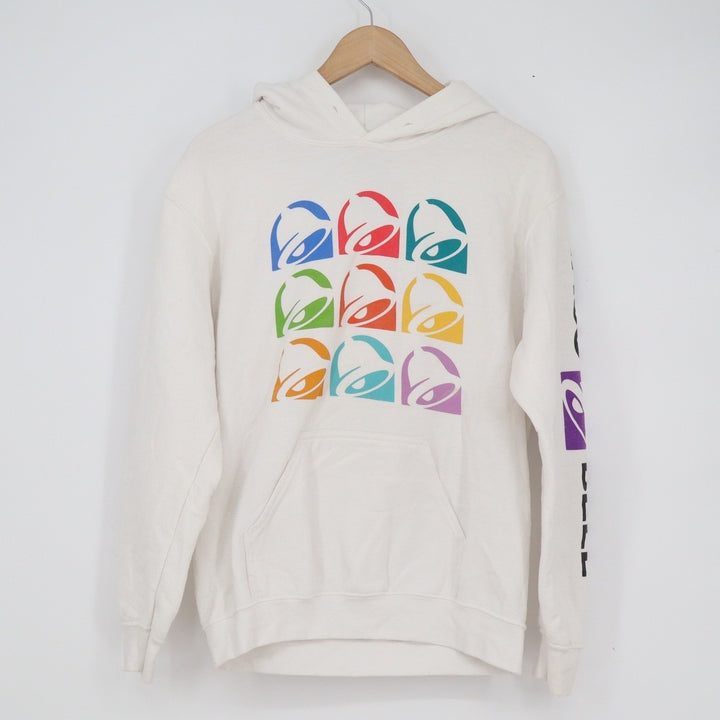 Taco Bell Hoodie White Multi Color Pop Art Logo Sleeve Graphic Mens Small