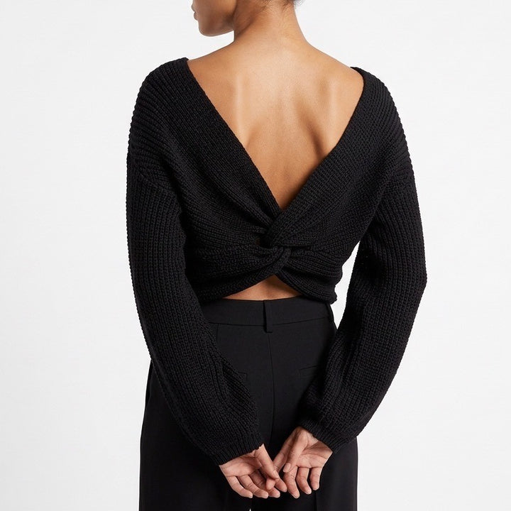 Lulu's Crop Sweater Womens Black Cotton Knit Ribbed Knotted Front Bell Sleeve
