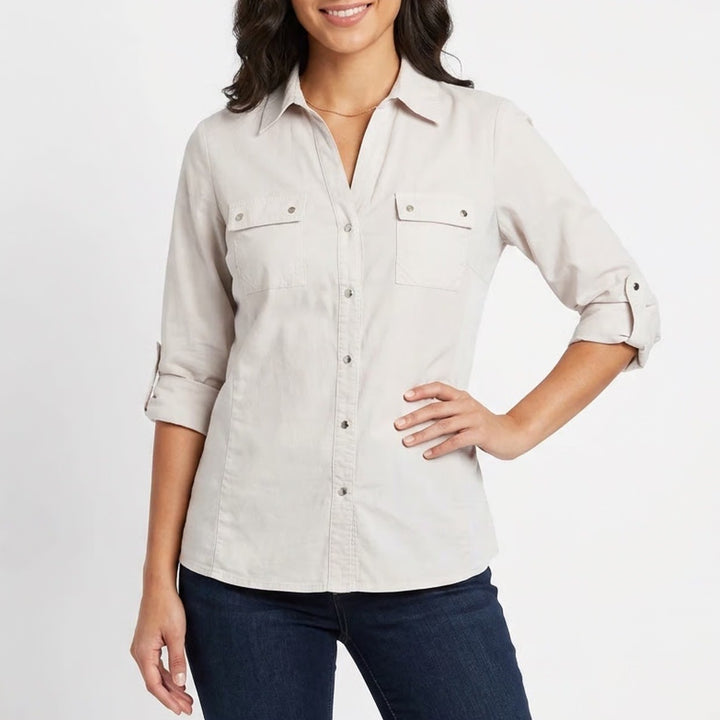 Zac & Rachel Womens Beige Roll Tab Sleeve Button Up Shirt Size M Stretch Panels